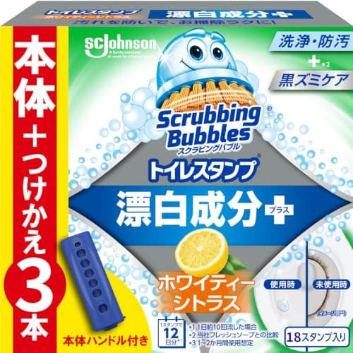 スクラビングバブル (Scrubbing Bubbles) トイレ掃除 トイレスタンプ 漂白 ホワイティーシトラスの香り 本体ハンドル+詰め替え用 3本(18回分) 洗剤 付け替え用 洗浄 消臭 黒ずみ 汚れ防止 まとめ買い