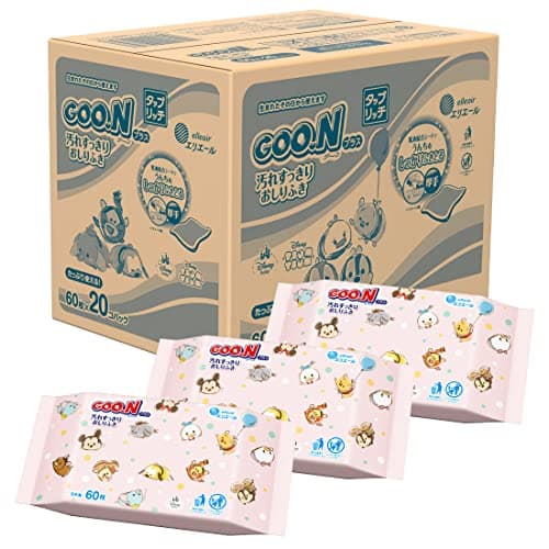 タップリッチ 【おしりふき 詰替用】グーンプラス 汚れすっきりおしりふき [ケース販売] (ディズニーデザイン) 白 1200枚(60枚×20個) 【Amazon.co.jp限定】