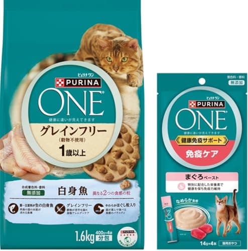 【特典付】ピュリナワン グレインフリー1歳以上 白身魚 1.6kg +おやつ 健康免疫サポート 免疫ケア まぐろペースト 56g