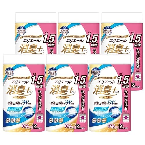 エリエール トイレットペーパー 消臭プラス(+) 1.5倍巻き 37.5m×72ロール (12ロール×6パック) ダブル パルプ100% しっかり香るフレッシュクリアの香り 【ケース販売】