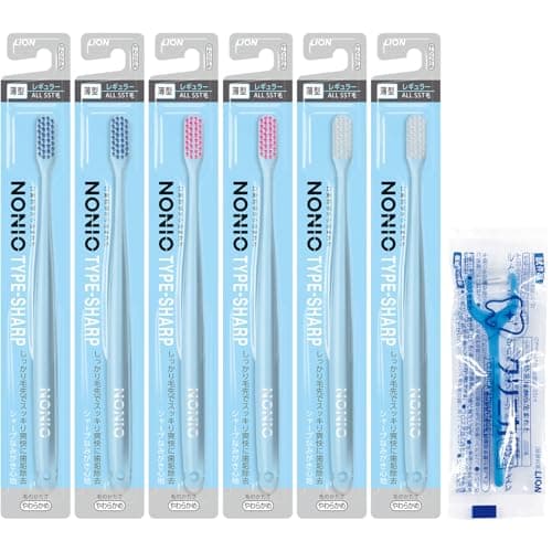 【Amazon.co.jp限定】NONIO(ノニオ)ハブラシ TYPE-SHARP やわらかめ 極細毛 歯ブラシ セット 6本(※色は選べません) +Y字フロス付き