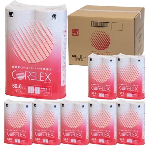 【ケース販売】コアレックス 再生紙芯あり倍巻きトイレットペーパー60ｍダブル6ロール8パック入り （48ロール）