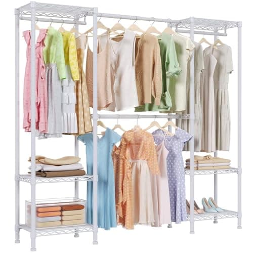 AZAKBL ハンガーラック 頑丈 大容量 伸縮式 耐荷重320kg 洋服ラック 棚付き 幅148-188×奥行40×高さ181cm ホワイト
