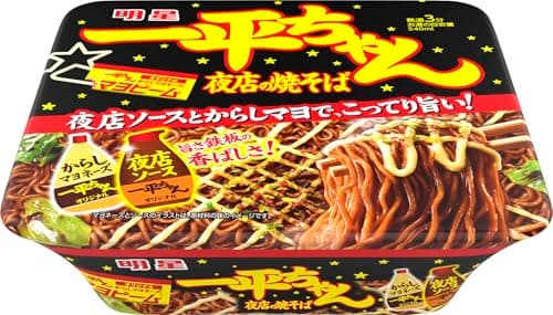 明星 一平ちゃん夜店の焼そば[12個入、カップ麺、焼きそば、夜店ソースとからしマヨで、こってり旨い! 、旨さ鉄板の香ばしさ! 、からしマヨ、135g]