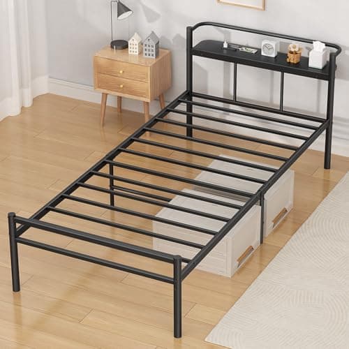 PRTONE ベッドフレーム シングル 2口コンセント付き シングルベッド 宮棚付き bed frame single スチール制 耐荷重300Kg