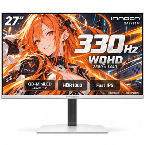 INNOCN MiniLED モニター 27インチ ゲーミングモニター WQHD 330Hz 0.5ms 非光沢 QD-量子ドット 無輝点保証対応 (MPCS/HDR1000/HDMI 2.1×2/DisplayPort 1.4/USBハブ/VESA対応/スピーカー/高さ調整/縦横回転) GA27T1M