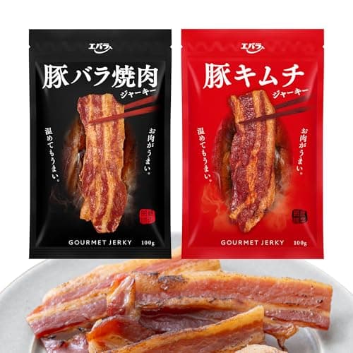 [ エバラ ] 豚バラジャーキー 焼肉味&キムチ味セット EC限定/お肉がうまい 極厚 炙り 豚バラジャーキー (豚バラ肉 ポークジャーキー 焼肉のタレ キムチ 風味) (100g×2袋)