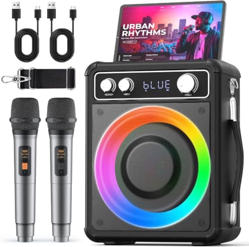 VOSOCO カラオケセット ワイヤレスマイク２本 スピーカーセット 家庭用 カラオケマイク 拡声器 Bluetooth 5.0 PAセット 小型 カラオケマシン ポータブルスピーカー AUX/USB/TF対応 ホームパーティー/会議/スピーチ/学校行事/セミナー/室外活動 などに適用 日本語説明書付き