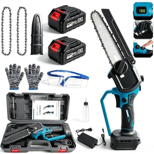 Sxnaota 電動チェーンソー 充電式 8インチ 21V 3.0Ah大容量バッテリー2個付属 マキタ18V互換 ブラシレスモーター 軽量 片手操作 有効切断長さ200mm 自動給油 LED残量表示 工具不要 安全ガード付き 枝切り 剪定 園芸用 収納ボックス 日本語説明書付 ブルー