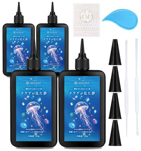 RENAGE レジン液 UV LED 大容量 500g 透明 ハードタイプ 中粘度 クラゲが見た夢 クリア オープナー付き ノズルキャップ付き フルカラー取扱説明書 (500g)