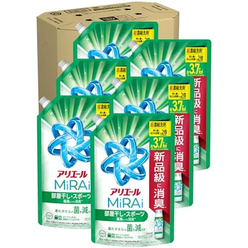 アリエール ミライ 超濃縮 液体【ケース品】大容量 1170g×6袋 部屋干し＆スポーツ消臭 コンパクト 洗濯洗剤 詰め替え