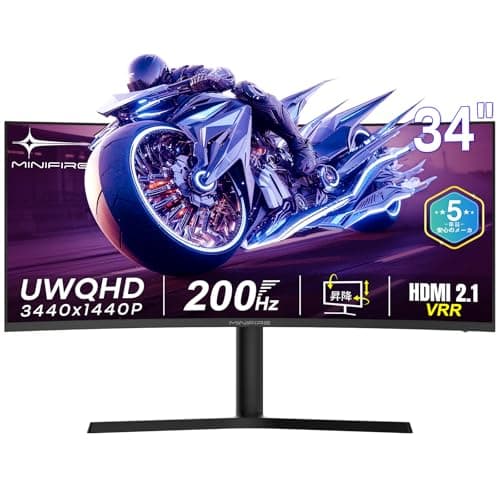 Minifire 34インチ ゲーミングモニター 200Hz 曲面ウルトラワイド UWQHD 3440x1440 1ms MPRT 130%sRGB VAパネル 3000:1コントラスト HDR Adaptive Sync フリッカー防止 PIP PBP機能 ブルーライト低減 HDMI 2.1*2 VRR対応 DP1.4 75x75 VESA 高さ調整 5年保証 MFG34C5QL