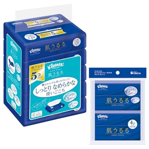 ティッシュ ソフトパック 保湿 240枚(120組) 5パック (まとめ買い) ＋ ポケットティッシュ 保湿 24枚(12組)4個 クリネックス 肌うるる (セット品)