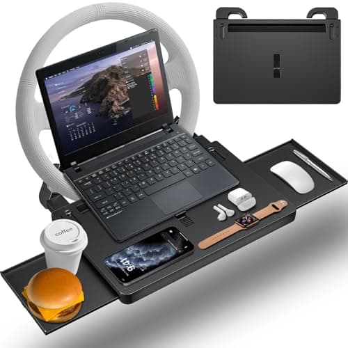 AUEOTUAR ハンドルテーブル 車 運転席用 角度調整 両側拡張 PCテーブル 耐荷重10kg 車トレイ マットブラック