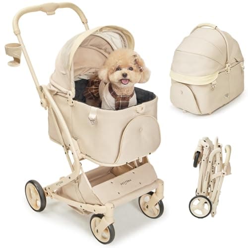 【電車で使用可能·1秒全車折り畳み分離型·獣医師推奨】PETTENA ペットカート 小型犬 MILOU-Small (ミルー) 電車カーバー別売り可能 ワンタッチ全車折りたたみ 犬カート 五つの一秒 超絶便利 分離式 耐荷重18KG 7.7KG軽量型 犬用カート 自立型 多頭 犬バギー 猫 多機能 犬用ベビーカー メガネコ (ベージュ(カート本体))