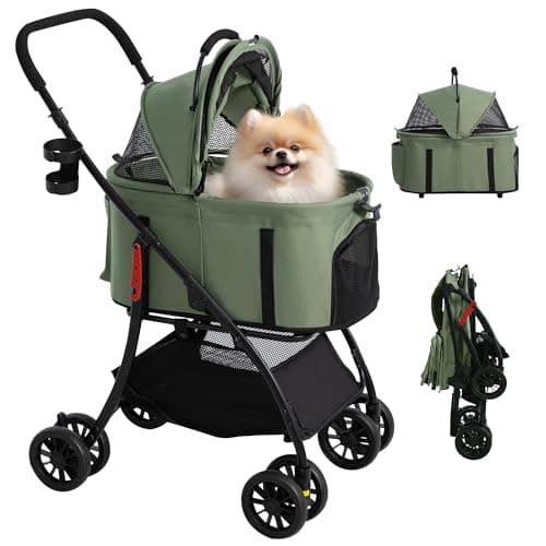 【55cmゆりかご · 超軽量4.5KG】MILA&LOUIS ペットカート おしゃれ犬 カート ペットカート 多頭の小型犬&猫 中型犬一匹用 4輪耐摩耗 犬用カート 犬 ベビーカー 人気 分離型・全体と折りたたみ式 ペットバギー 前輪360°後輪ブレーキ付 カップホルダー 犬 バギー 耐荷重15KG 軽量 通気 散歩 買い物 外出 旅行 日本語の取扱説明書付き (グリーン)