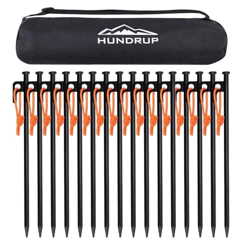 HUNDRUP【強化版】20cm/25cm/30cm/40cm 10本/16本 ペグセット 鍛造ペグ レーザー溶接 反射材入りロープ スチール ソリッド 収納ケース付き 設営用具 キャンプ テントペグ アウトドア 登山 硬い土 砂地 草地用(25cmx16本)