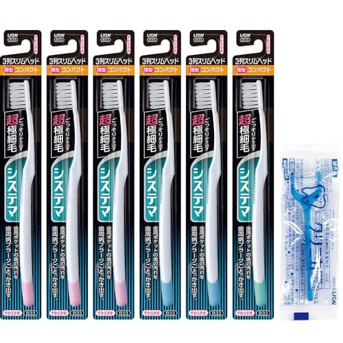 システマ ハブラシ やわらかめ コンパクト3列スリム 6本セット+ フロス付き 薄型ヘッド 超極細毛 歯ブラシ 歯周病 【Amazon.co.jp限定】