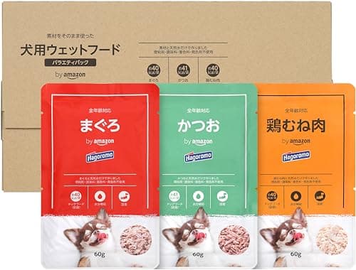 by Amazon 素材をそのまま使った犬用ウェットフード バラエティパック (まぐろ、かつお、鶏むね肉) 60g×12袋 (3種類×各4袋) 【国産】