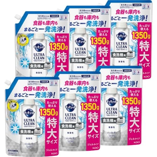 【ケース販売】【大容量】食洗機用キュキュットウルトラクリーン 食器も庫内もまるごと一発洗浄 無香性 つめかえ用 1350g×6個